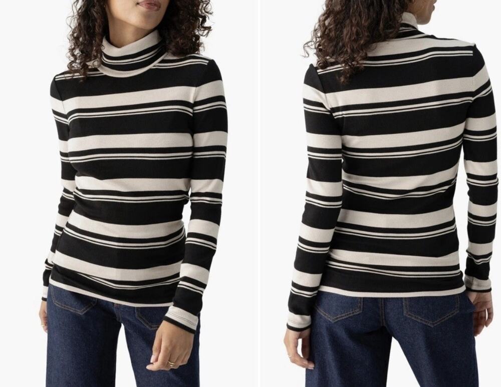Sanctuary Black and Cream Striped Ribbed Turtleneck Sweater NWT
